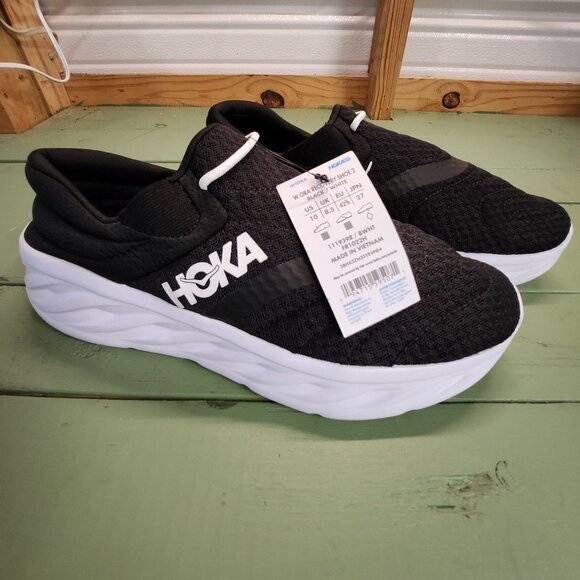 Hoka One One Shoes - Hoka Ora Recovery Shoe 2 Womens 10 Black White Slip On Post Run Mesh Packable